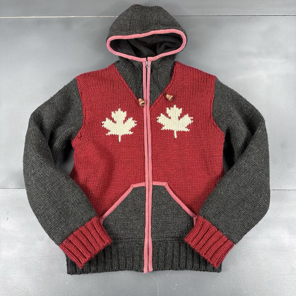 Delux Sweater Womens Large Gray Red Maple Leaf Chunky Knit Wool Lined Hooded